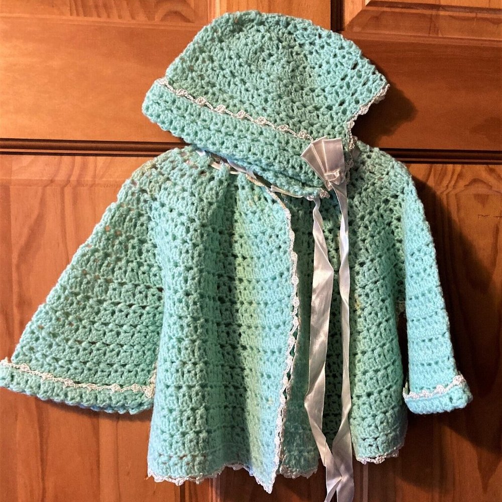 Vintage baby sweater and cap, crocheted , handmade, 1940's-'50's.